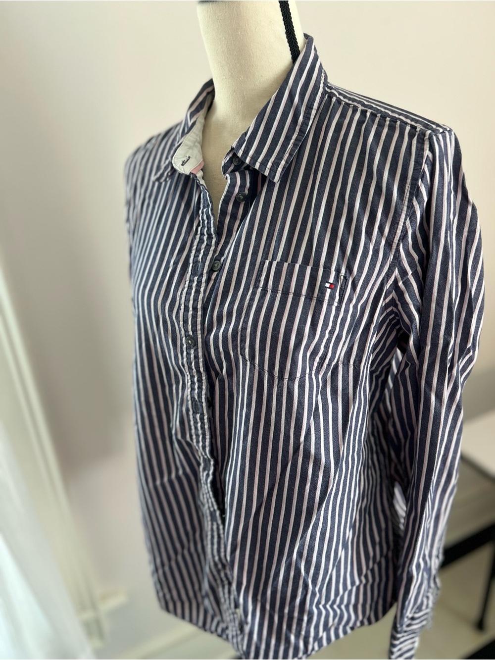Tommy Hilfiger Navy and White Striped Button-Down Shirt